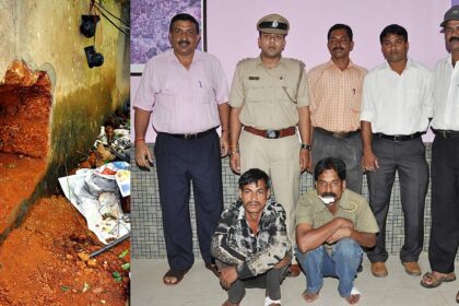 The hole dug in the rear side of the jewellery shop at Margao. (Right) The two accused with a Margao police team headed by PI Santosh Desai.