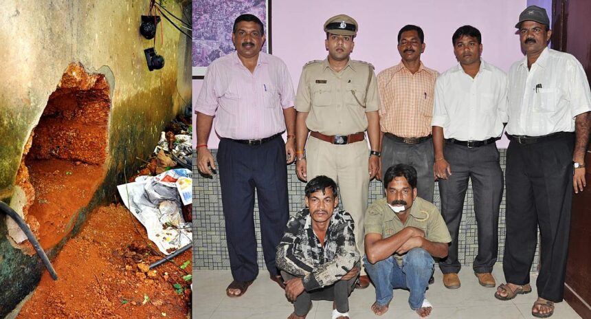 The hole dug in the rear side of the jewellery shop at Margao. (Right) The two accused with a Margao police team headed by PI Santosh Desai. 1 The hole dug in the rear side of the jewellery shop at Margao. (Right) The two accused with a Margao police team headed by PI Santosh Desai.