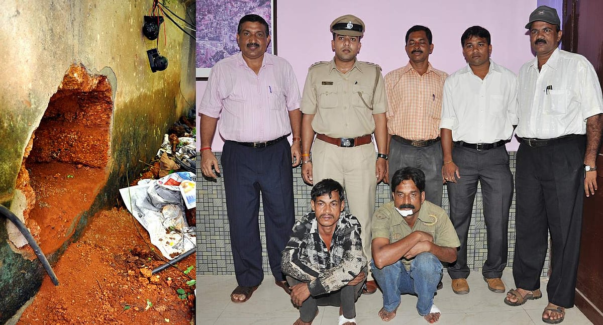 The hole dug in the rear side of the jewellery shop at Margao. (Right) The two accused with a Margao police team headed by PI Santosh Desai.