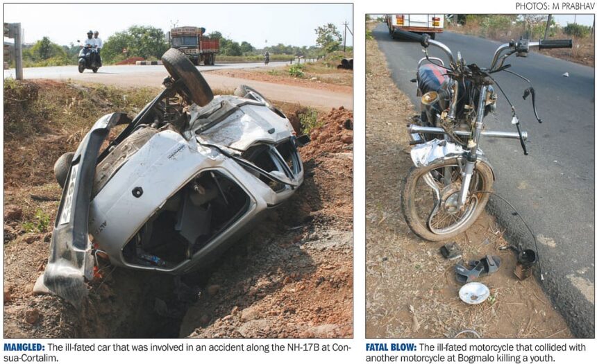 The ill-fated car that was involved in an accident along the NH-17B at Consua- Cortalim.