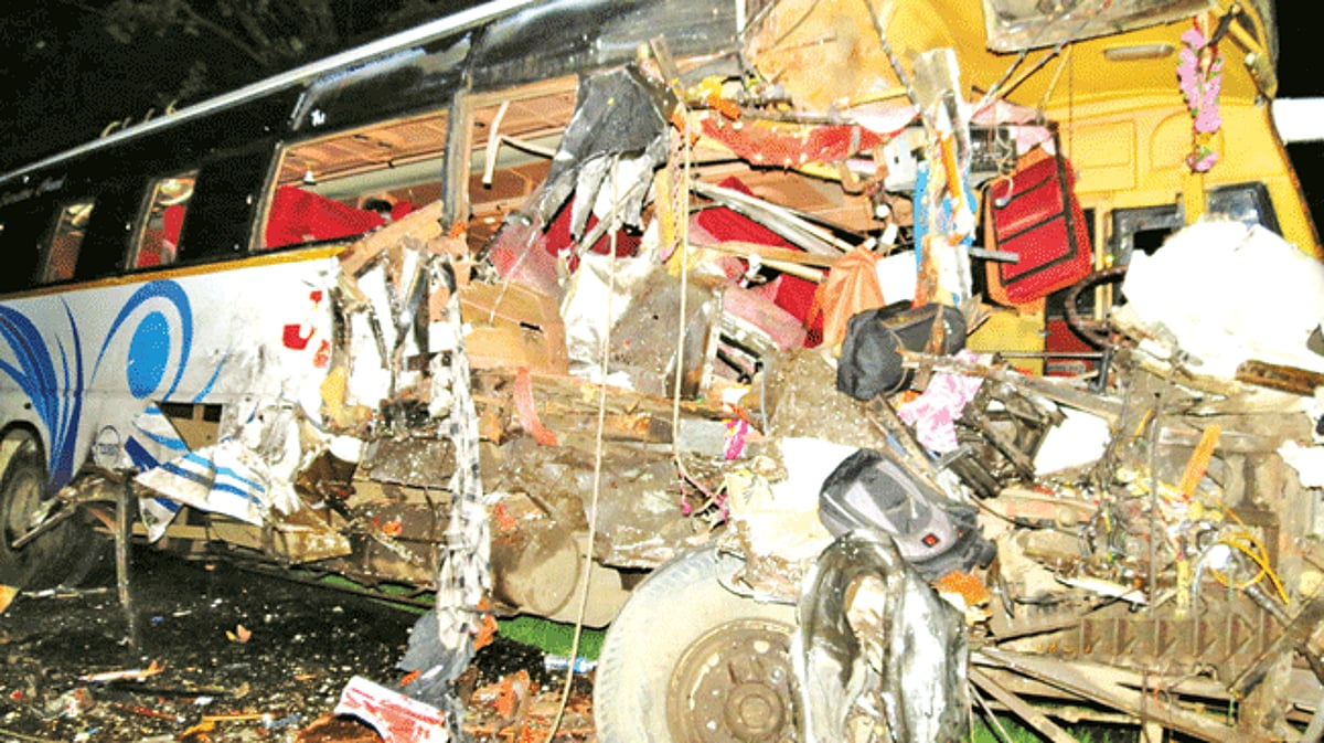 The mangled remains of the ill-fated luxury bus.