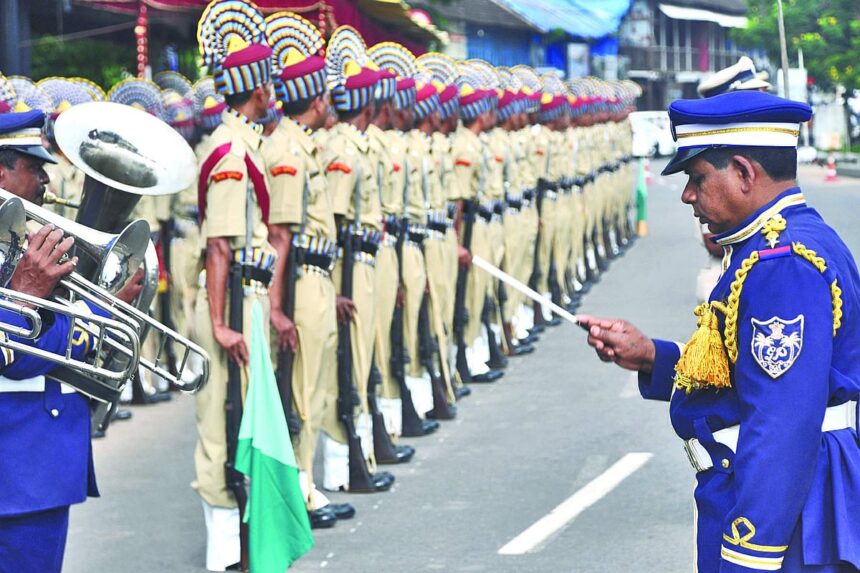 The music master directs the band to the tunes of 64th Independence day at a parade at the Secretariat, Panjim. Goa celebrated the freedom day with pomp and grandeur amid unfurling of tricolour and various sports and social programmes.