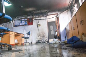 The office of Muthoot Finance Corporation, Panjim which was partially burnt in a fire on Monday morning.