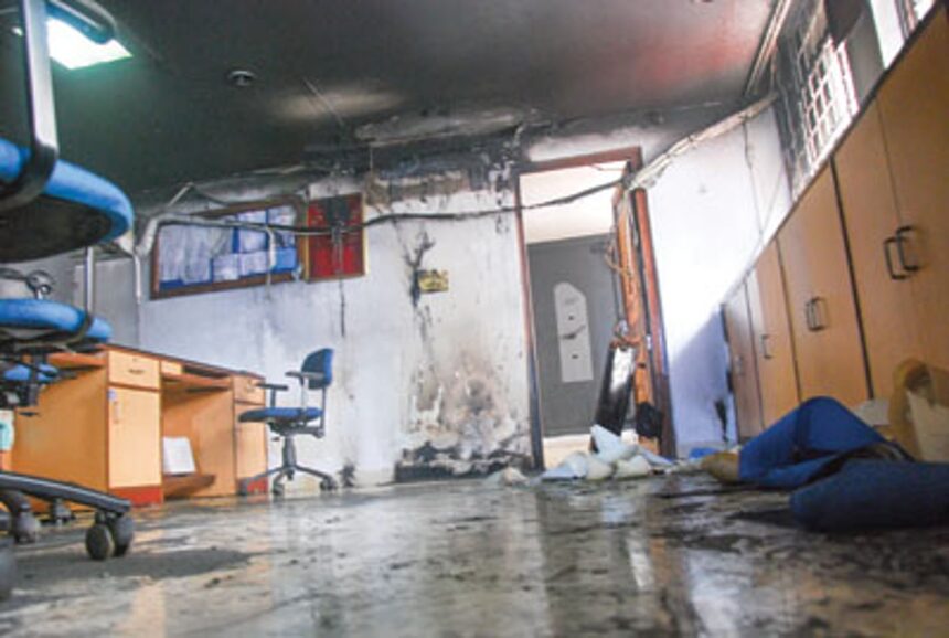 The office of Muthoot Finance Corporation, Panjim which was partially burnt in a fire on Monday morning.