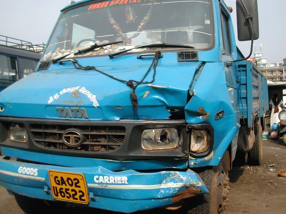 The pick-up truck and the Yamaha motorcycle that were involved in an accident at Dramapur on Saturday morning.