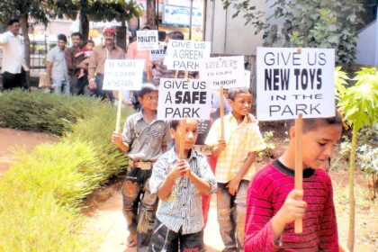 The protest rally staged by children demanding repairs of Chacha Nehru Park at Mapusa.