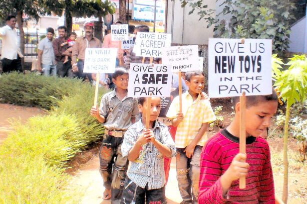 The protest rally staged by children demanding repairs of Chacha Nehru Park at Mapusa.