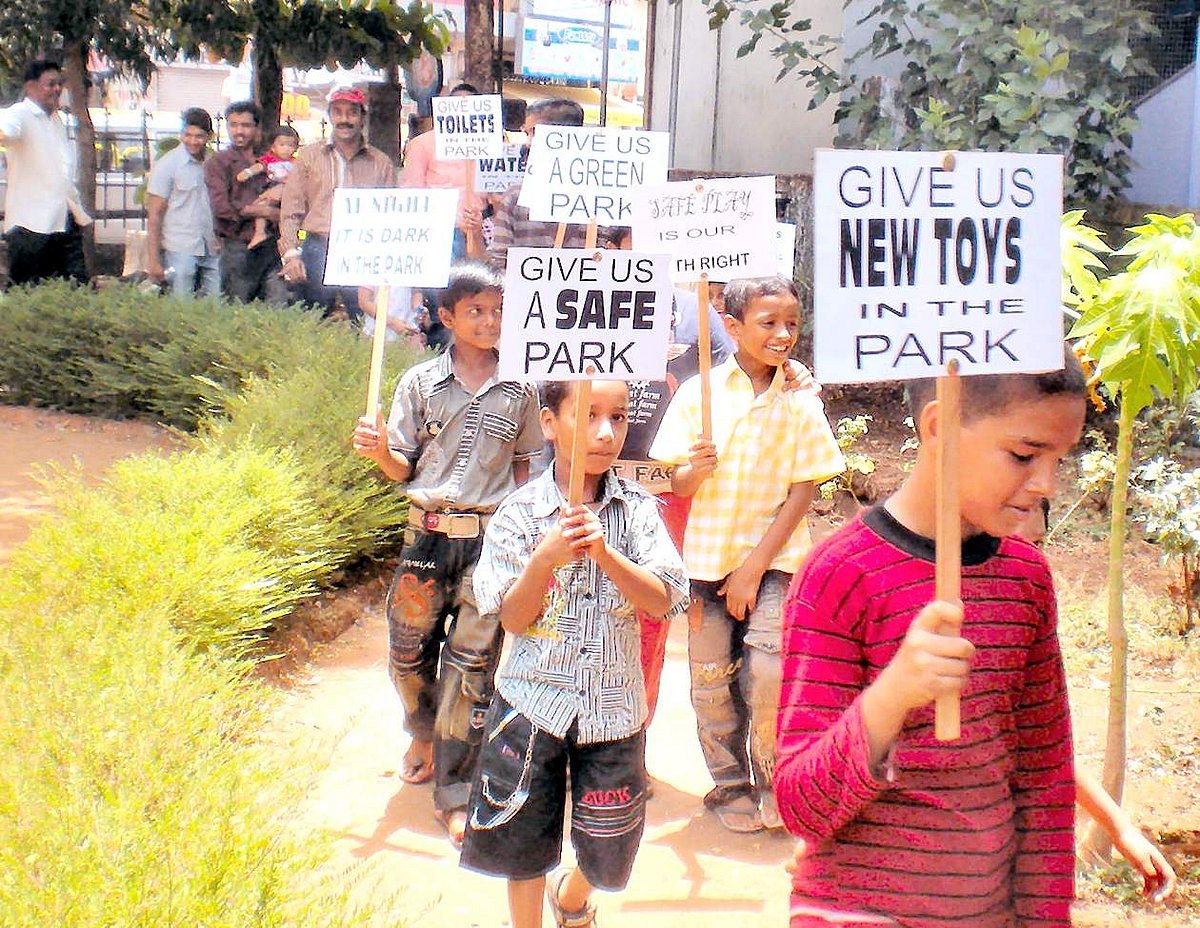 The protest rally staged by children demanding repairs of Chacha Nehru Park at Mapusa.