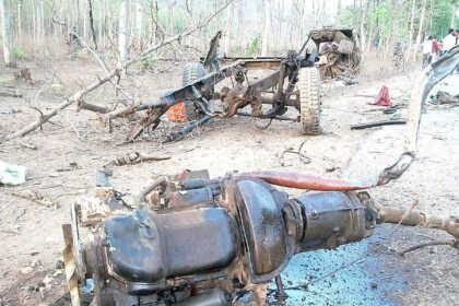 The remains of the CRPF vehicle blown up in a landmine blast by Maoists in Bijapur district in Jharkhand on Saturday.