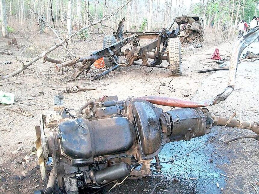 The remains of the CRPF vehicle blown up in a landmine blast by Maoists in Bijapur district in Jharkhand on Saturday.