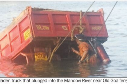 The sand-laden truck that plunged into the Mandovi River near Old Goa ferry ramp.