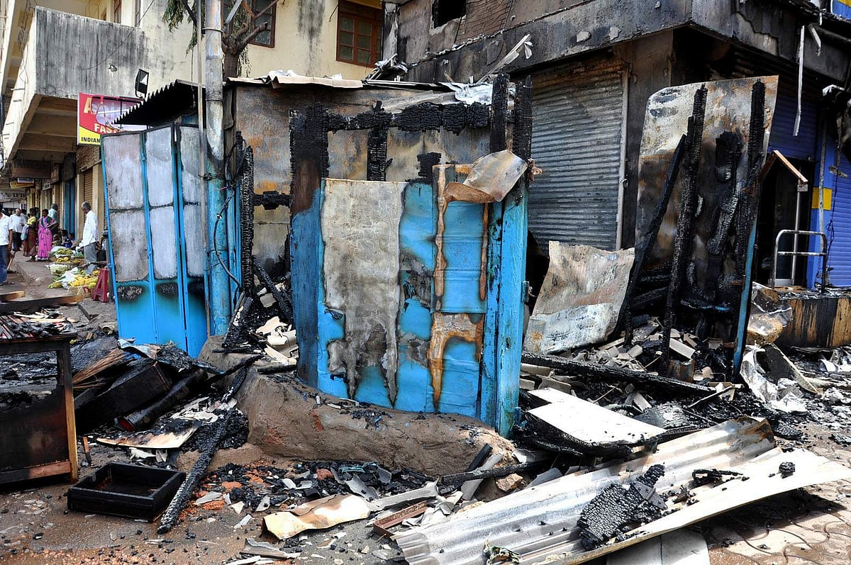 The shop and kiosks that were gutted in a major fire at Margao today.