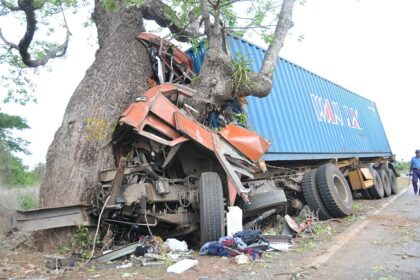 The trailer which rammed into a tree along the Kadamba highway at Old Goa on Tuesday night.