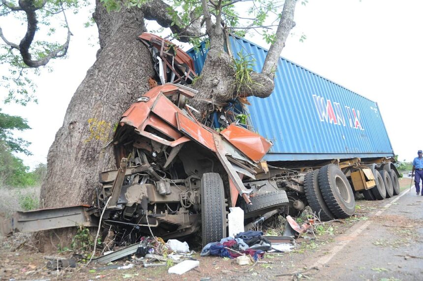 The trailer which rammed into a tree along the Kadamba highway at Old Goa on Tuesday night.