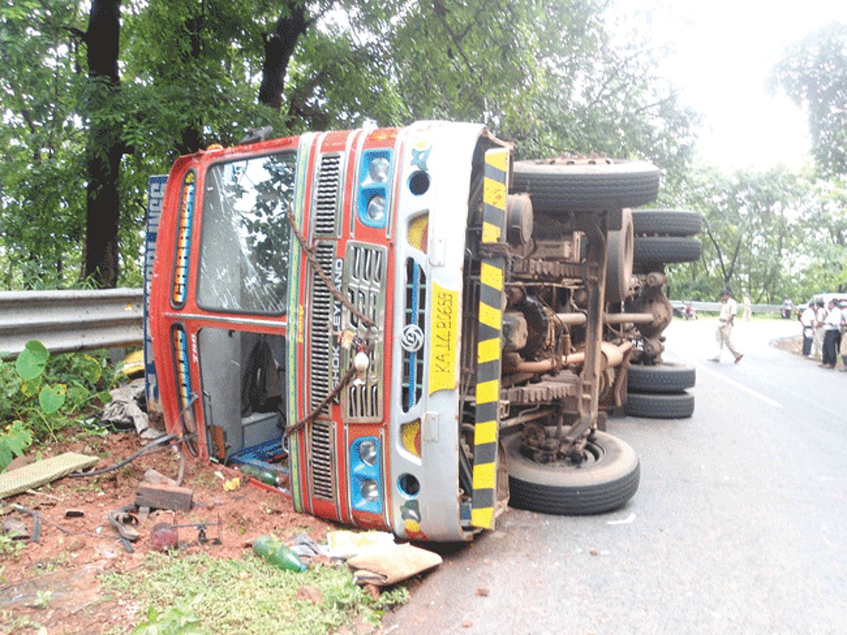The truck that was involved in the accident at Karmalghat slope on Monday.