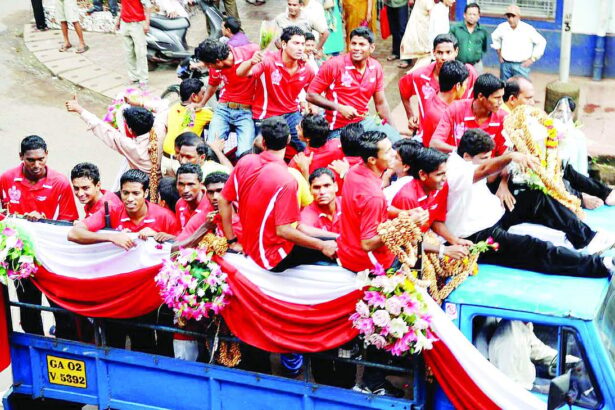 The victorious Goan team which won the Santosh Trophy being taken in a motorcade on its arrival in the State.           Photo by Dinsa