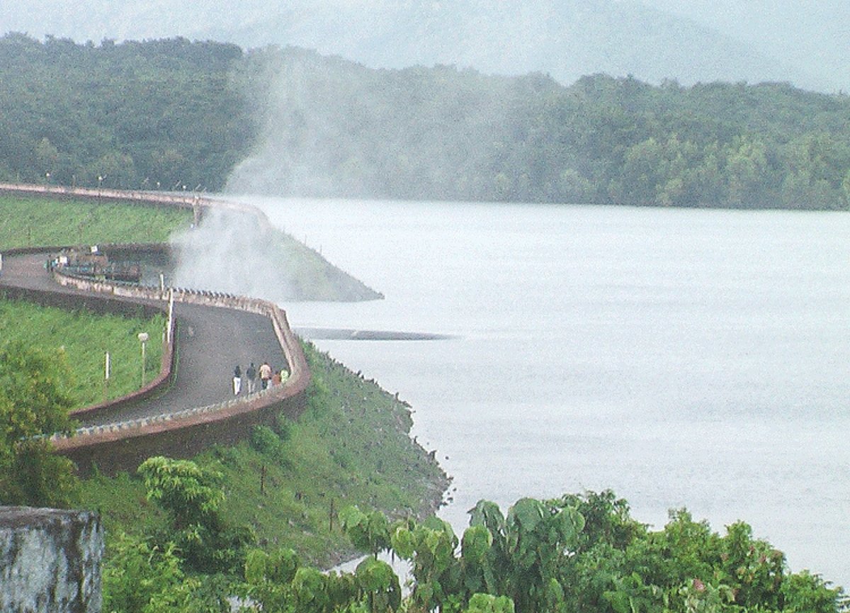The water at Selaulim Dam at Sanguem has reached its capacity and is seen flowing over the spillway.