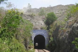 This hillock has been ravaged by blasting for basalt stones at Sao Jose de Areal village.