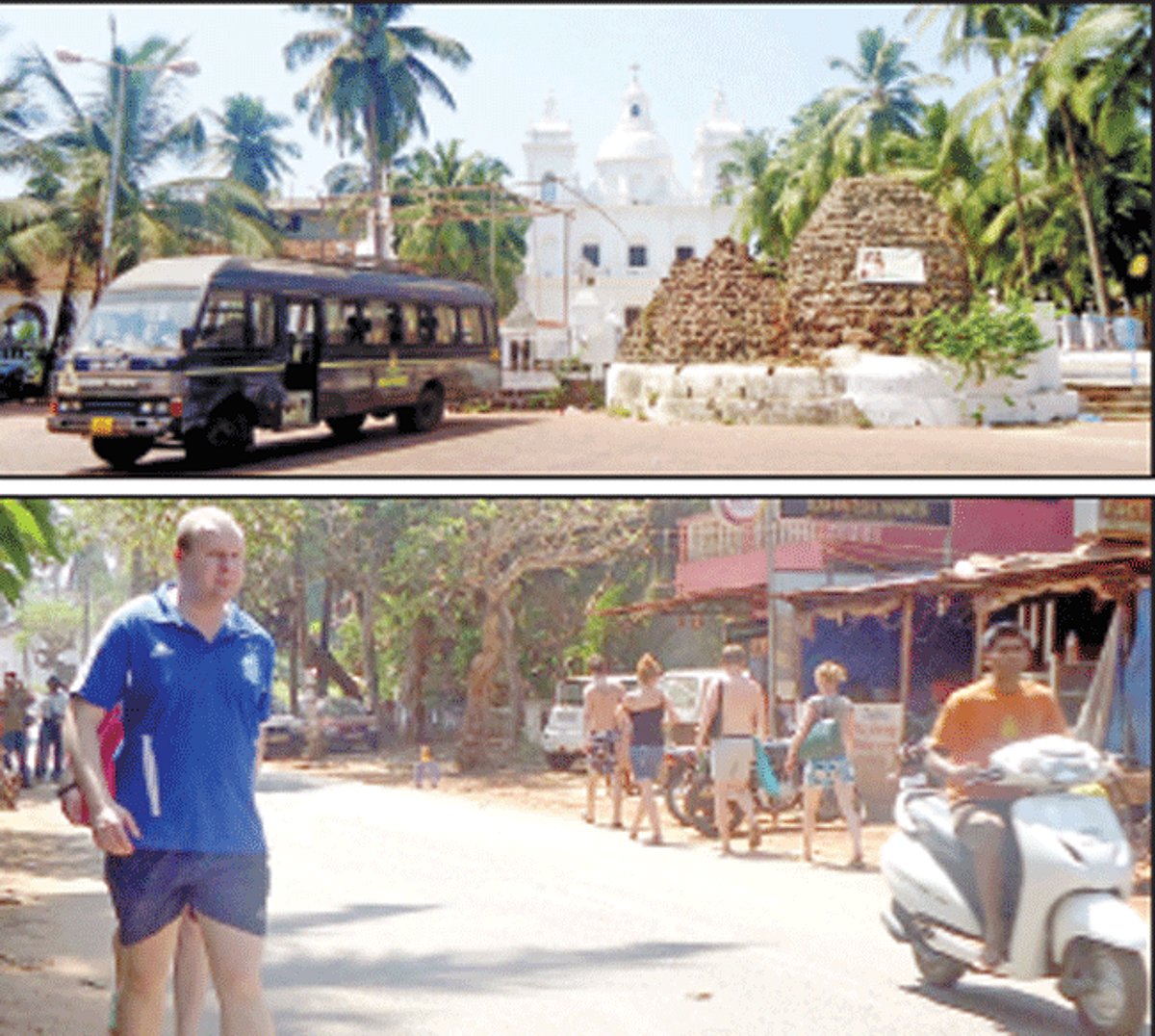 Top: A police vehicle parked in front of the Calangute church to avoid anyuntoward incident. Below: Tourists on the streets at Calangute, on Tuesday.
