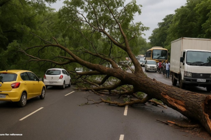 Traffic Disrupted as Massive Tree Falls on Dhavali Bypass Road