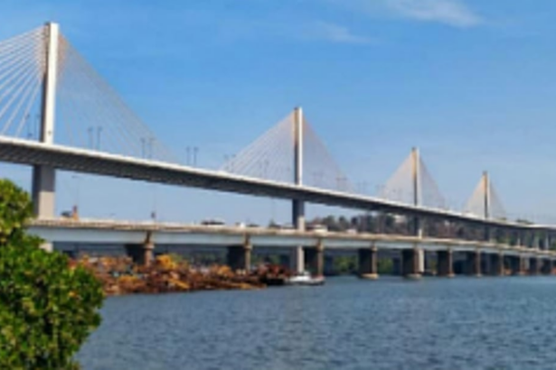 Troubled bridge over placid waters