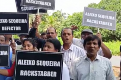 Voters protest outside Nuvem MLA Aleixo Sequeira’s House for joining the BJP