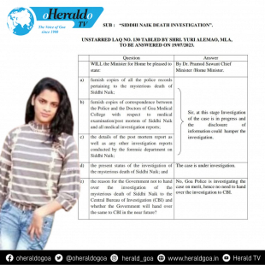 WILL SIDDHI NAIK GET JUSTICE: Goa CM rules out handing over Siddhi Naik Death case to CBI