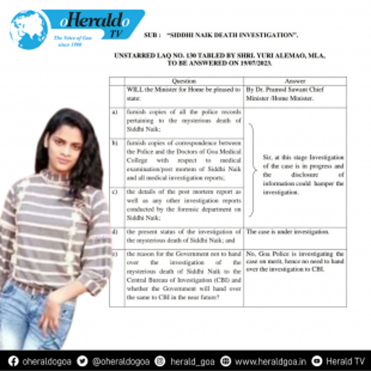 WILL SIDDHI NAIK GET JUSTICE: Goa CM rules out handing over Siddhi Naik Death case to CBI