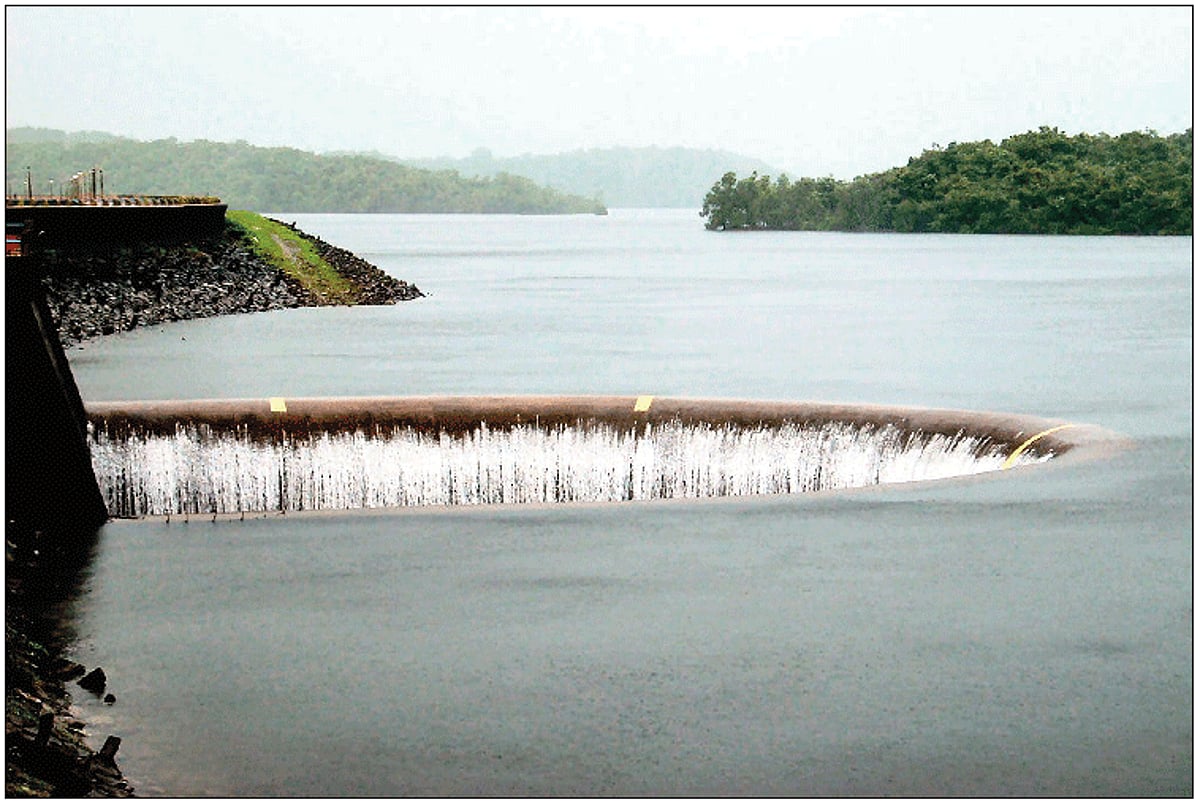 Water overflowing the spillway at Selaulim Dam in Sanguem.