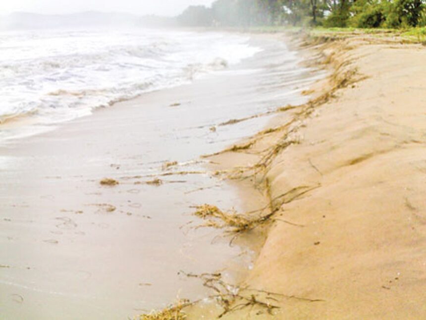 Waves have led to sand erosion at Rajbag Beach.
