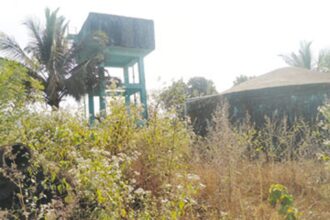 Wild bushes surround the water tanks at Valkini Colony 1 in Sanguem.