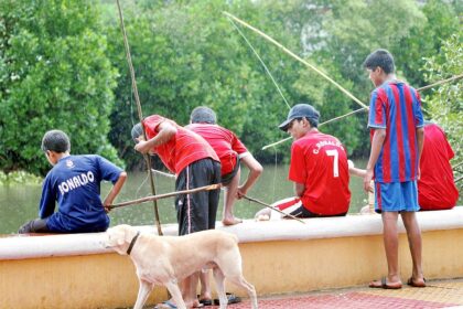 With the football World Cup fever on, a canine too enjoys the company of soccer-loving youth engaged in fishing near the Ourem Creek,Panjim on Tuesday.
