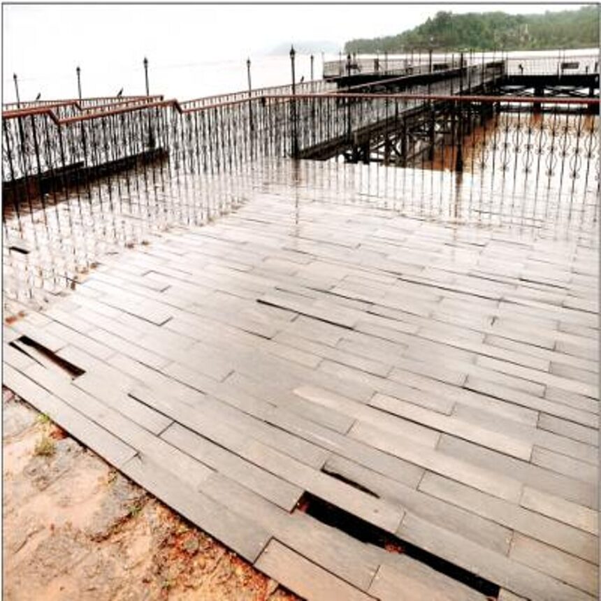 Wood work at three places on the Kala Academy jetty in Panjim which was built with much fan-fare for IFFI at a whopping cost has been damaged raising fears of further deterioration.