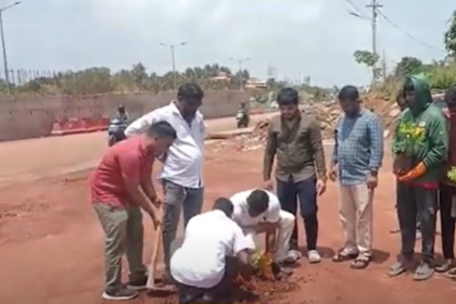 Youth Congress Plants Saplings in Potholes to Protest Road Neglect in Sancoale