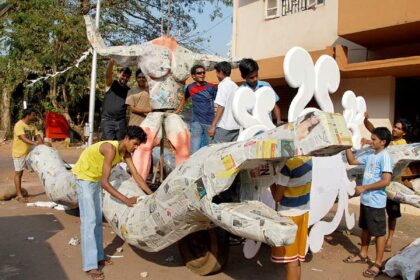 Youth from Mala, Panjim give final touches to a float, which will be paraded at the upcoming Carnival celebrations in the State.
