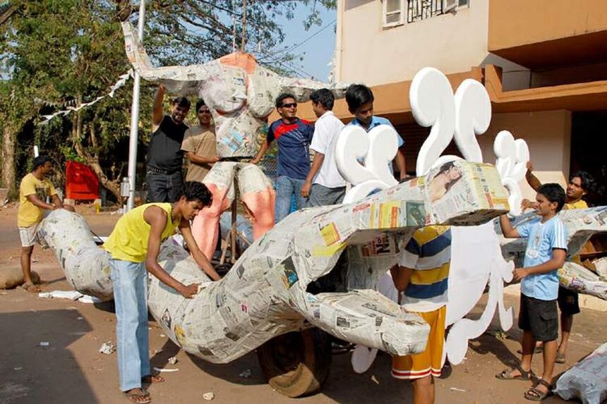 Youth from Mala, Panjim give final touches to a float, which will be paraded at the upcoming Carnival celebrations in the State.