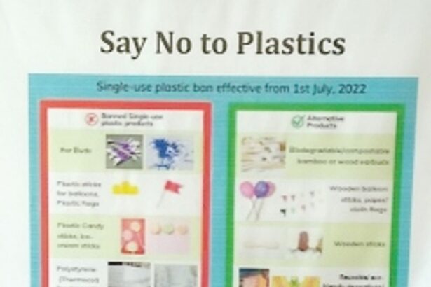 ‘Say no to Plastics’ display at market out of focus