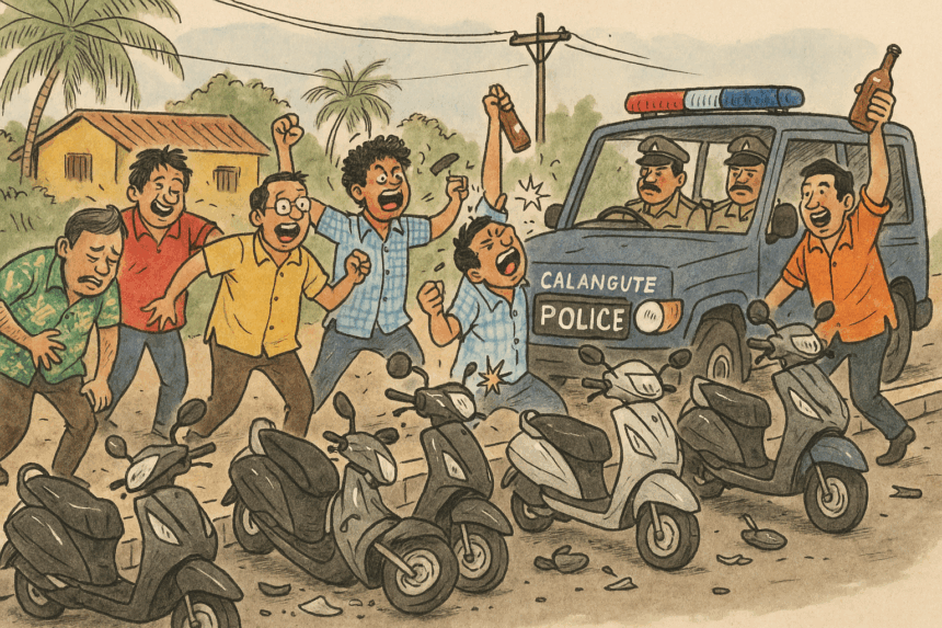 Drunk Tourists from Bengaluru Damage 10 Scooters in Candolim; Detained by Calangute Police 1 20251006 1533 Scooter Chaos in Candolim simple compose 01k6wffw25edrb4eg5kj4y5514