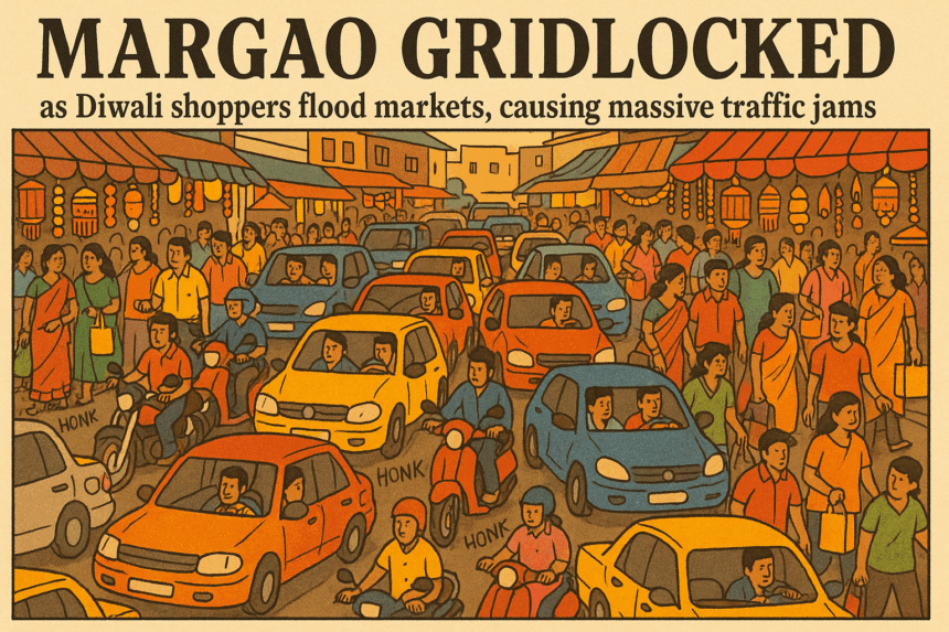 Margao gridlocked as Diwali shoppers flood markets, causing massive traffic jams 1 20251021 0850 Diwali Traffic Chaos simple compose 01k82cdaqzfxeadcmqfaqg695s