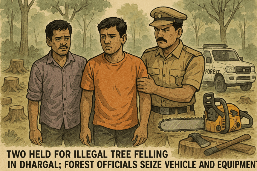 Two Held for Illegal Tree Felling in Dhargal; Forest Officials Seize Vehicle and Equipment 1 20251107 1531 Illegal Tree Felling Arrest simple compose 01k9ew3rfrfssbcg0zntnnc1x4