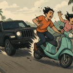 20251117 1233 Jeep Hits Scooter simple compose 01ka89xhp9fwnv00txaqbthxg0
