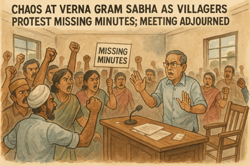Chaos at Verna Gram Sabha as Villagers Protest Missing Minutes; Meeting Adjourned 1 20251124 0914 Verna Protest Chaos simple compose 01kaszaa52embbmhv4whd5ew48
