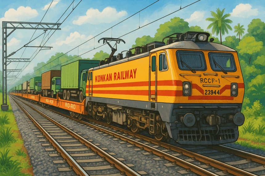 Konkan Railway Unveils Second High-Capacity Ro-Ro Rake to Boost West Coast Freight Movement 1 20251205 1051 Konkan Railway Expansion simple compose 01kbpf80haf2jbvddst0xxh481