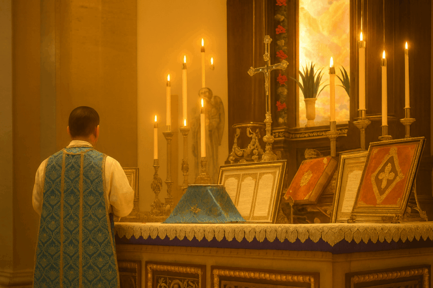 Cerulean Indult: The Rare Blue Vestment Privilege Rooted in Spanish Tradition and Marian Devotion 1 20251208 1541 Altar Ritual Reflection remix 01kbypz0t4fz286edpbs2h76rm 1