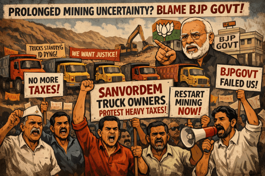 Sanvordem Truck Owners Protest Heavy Taxes, Blame Prolonged Mining Uncertainty on BJP Govt 1 20251217 1125 Truck Owners Protest simple compose 01kcne0632f0jbe6wkf69tatem