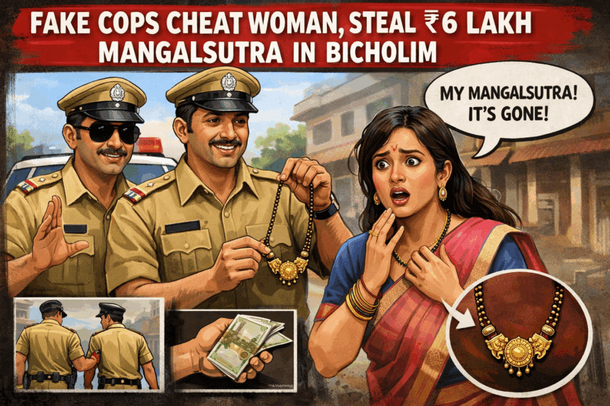 Fake Cops Dupe Woman of Rs 6 Lakh Mangalsutra in Bicholim, Police Launch Manhunt 1 20251223 1020 Mangalsutra Theft Scam simple compose 01kd4rp0tffy39vscvk1ksd09e