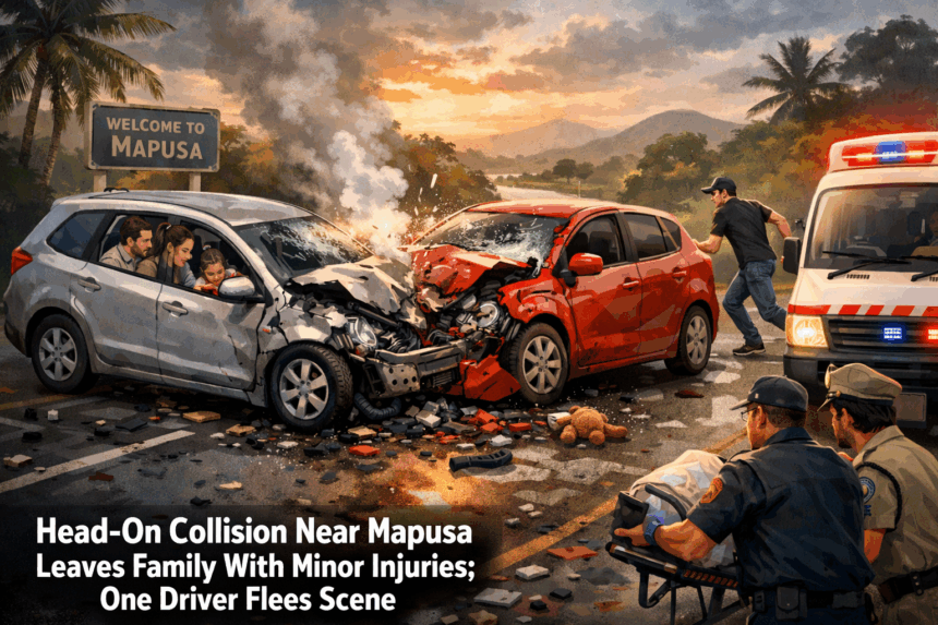 Head-On Collision Near Mapusa Leaves Family With Minor Injuries; One Driver Flees Scene 1 20251229 1112 Mapusa Collision Incident simple compose 01kdma1sg2f86s9rn9zq2q2dac