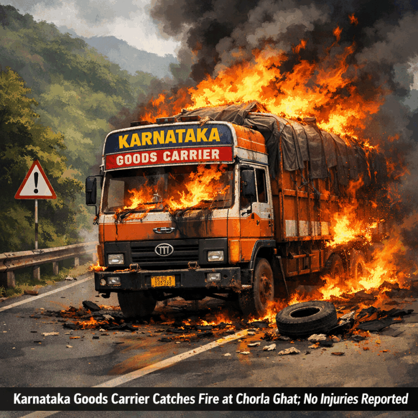 Goods Carrier from Karnataka Catches Fire at Chorla Ghat; No Injuries Reported 1 20251230 1142 Truck Fire Incident simple compose 01kdpy5emxfkn9jz9aw7ary9pd
