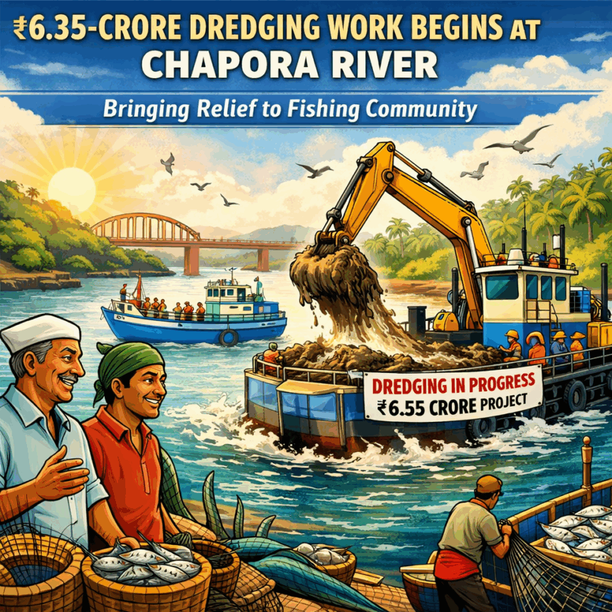 ₹6.35-Crore Dredging Work Begins at Chapora River, Bringing Relief to Fishing Community 1 20251230 1245 Chapora River Dredging Begins simple compose 01kdq1qs7de6wswktaq8zht3c1