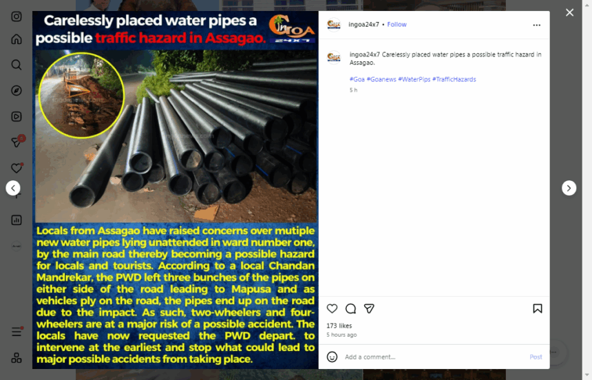 Water pipes left on Assagao road raise accident fears 1 ScreenShot Tool 20251201165921